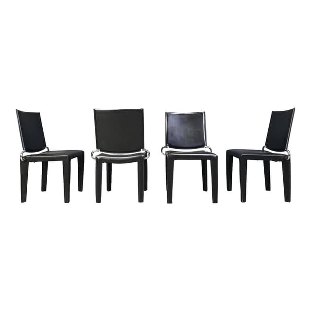 Set of four dining chairs, black leather, chrome, Italy, 1980s. - DIMENSION