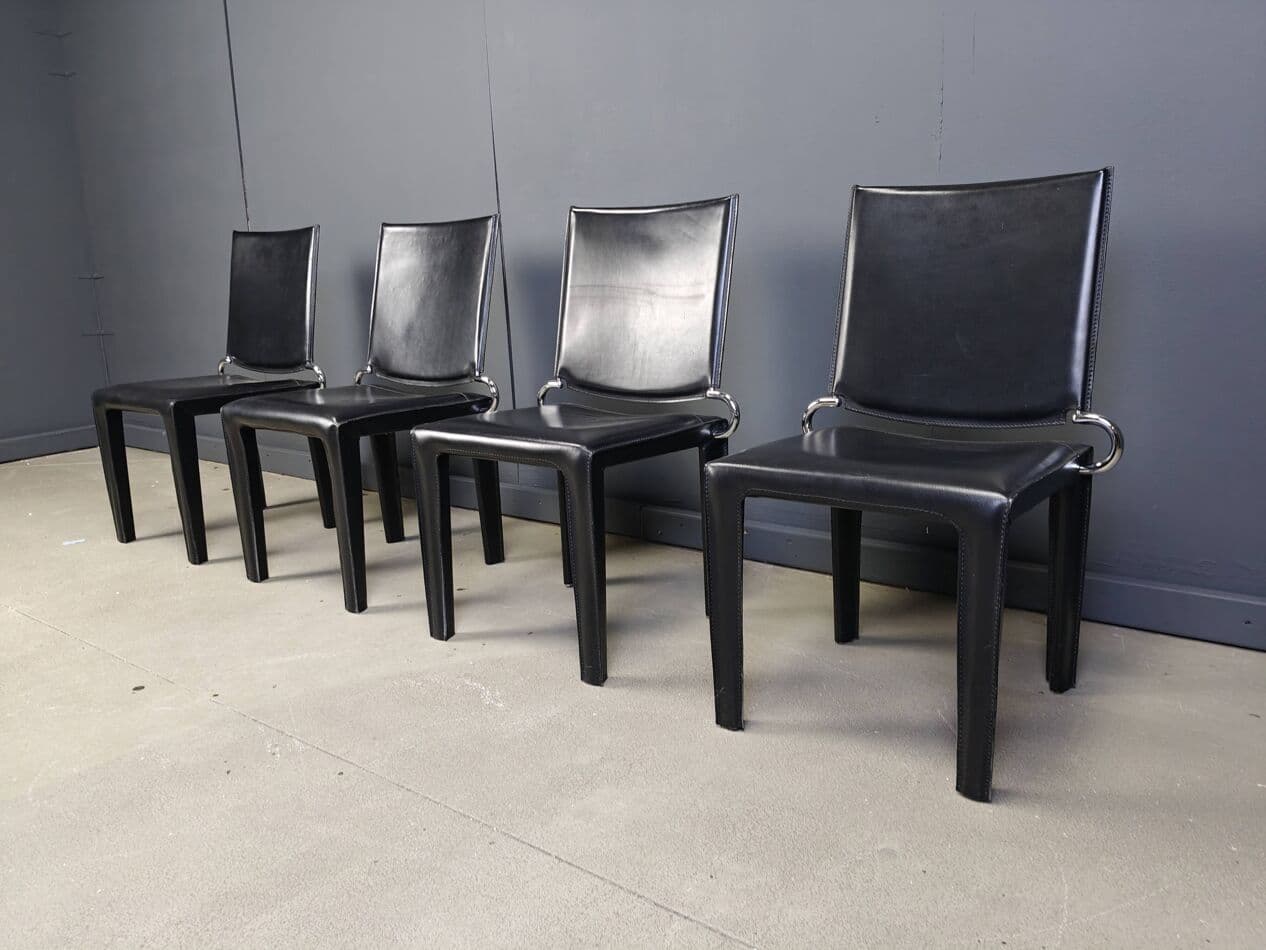 Set of four dining chairs, black leather, chrome, Italy, 1980s. - 264970
