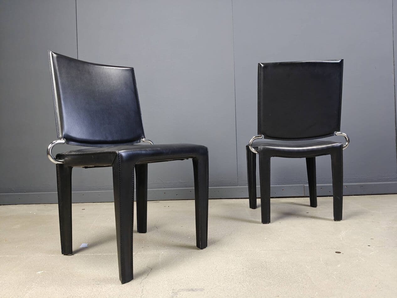 Set of four dining chairs, black leather, chrome, Italy, 1980s. - 264966