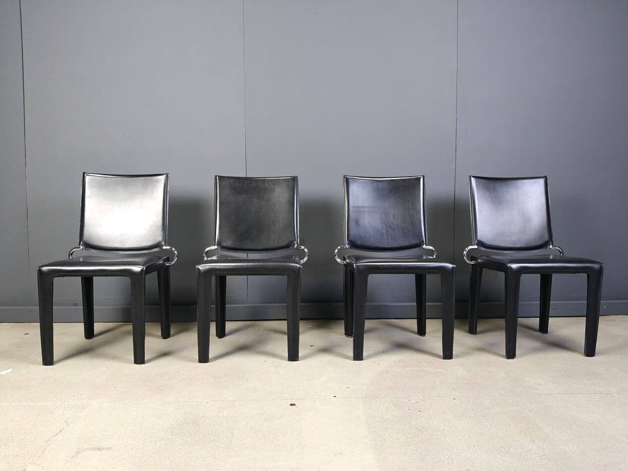 Set of four dining chairs, black leather, chrome, Italy, 1980s. - 264962