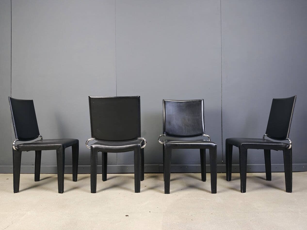 Set of four dining chairs, black leather, chrome, Italy, 1980s. - 264969