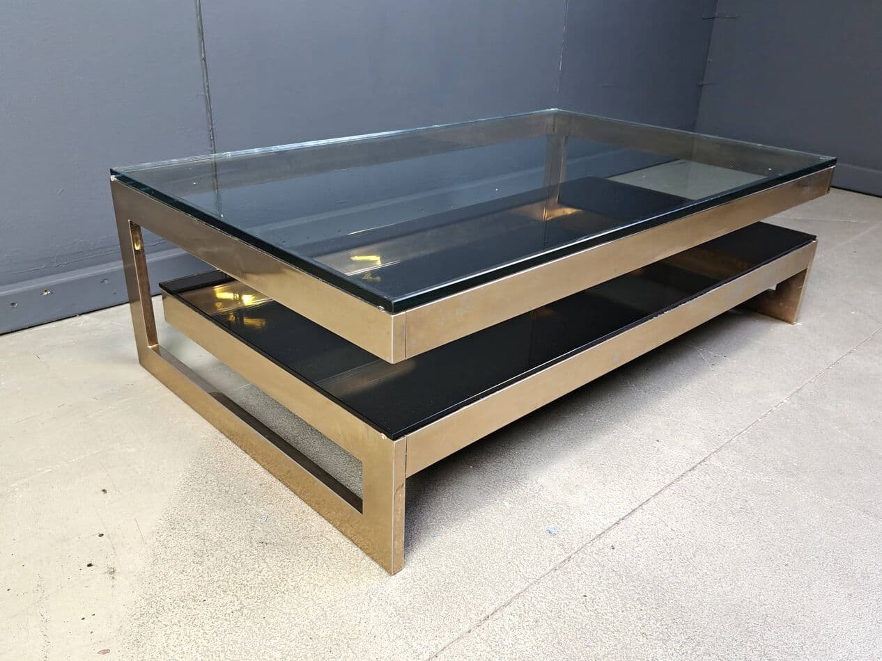 Stolik kawowy G, mosiądz złoty, szkło przezroczyste, Belgochrom, Belgia, lata 70. - 264932