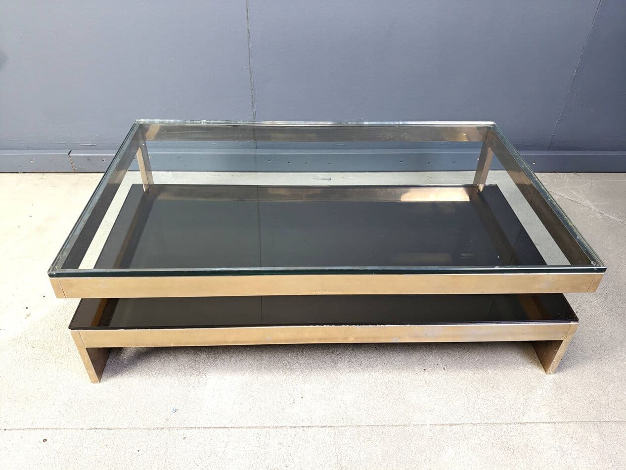 Stolik kawowy G, mosiądz złoty, szkło przezroczyste, Belgochrom, Belgia, lata 70. - 264931