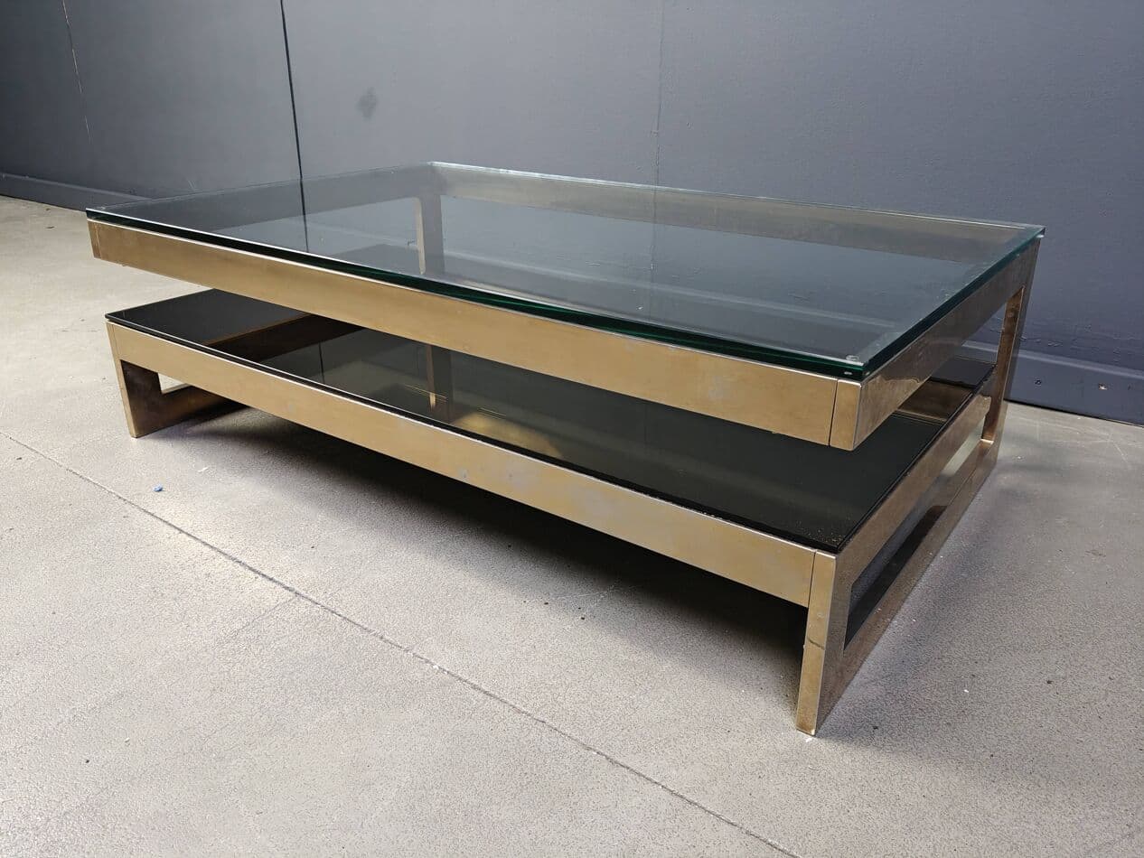 Stolik kawowy G, mosiądz złoty, szkło przezroczyste, Belgochrom, Belgia, lata 70. - 264928