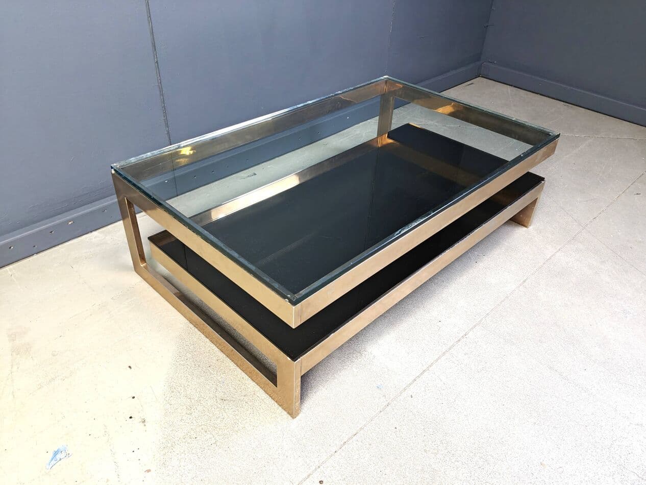 Stolik kawowy G, mosiądz złoty, szkło przezroczyste, Belgochrom, Belgia, lata 70. - 264933