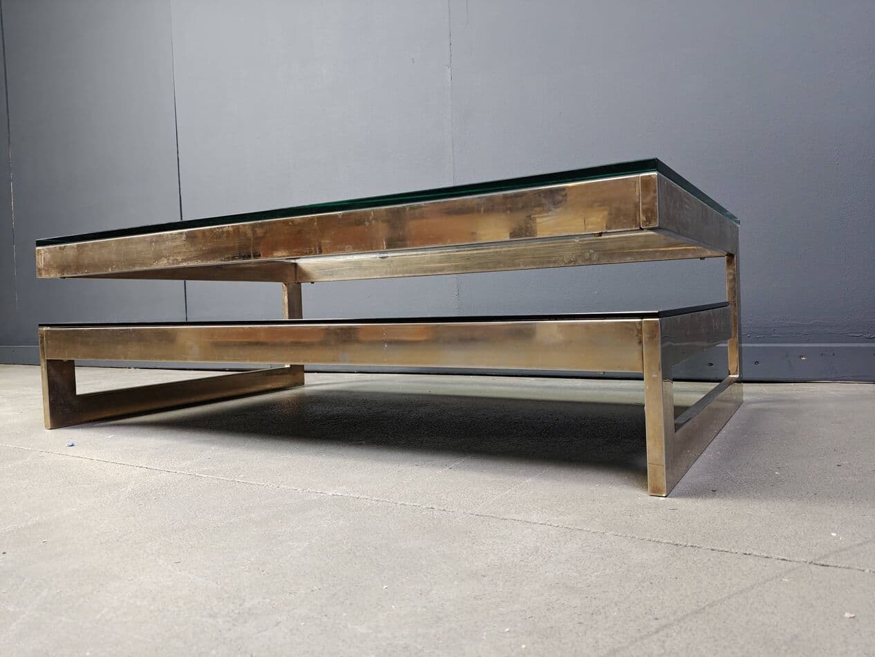 Stolik kawowy G, mosiądz złoty, szkło przezroczyste, Belgochrom, Belgia, lata 70. - 264927