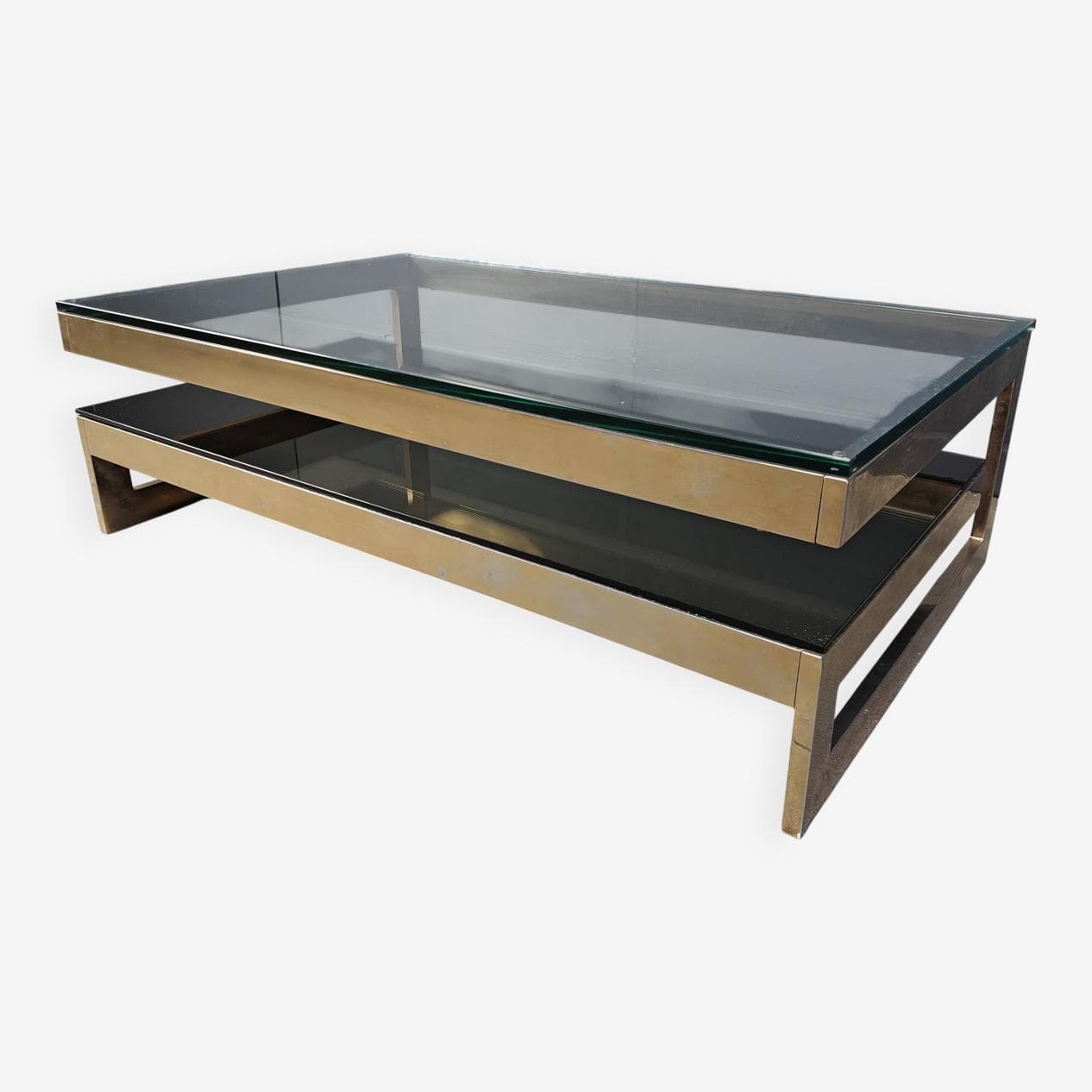 Stolik kawowy G, mosiądz złoty, szkło przezroczyste, Belgochrom, Belgia, lata 70. - 264926