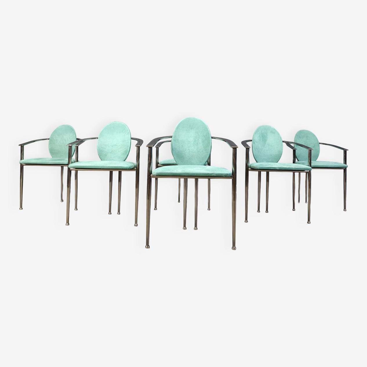 Set of Six Dining Chairs, green alcantara, brushed steel, Belgochrom, Belgium, 1980s. - 264915