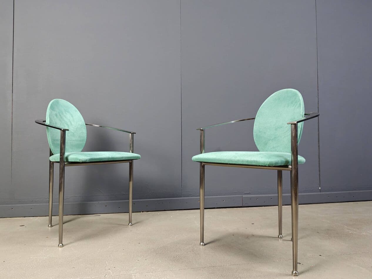 Set of Six Dining Chairs, green alcantara, brushed steel, Belgochrom, Belgium, 1980s. - 264917