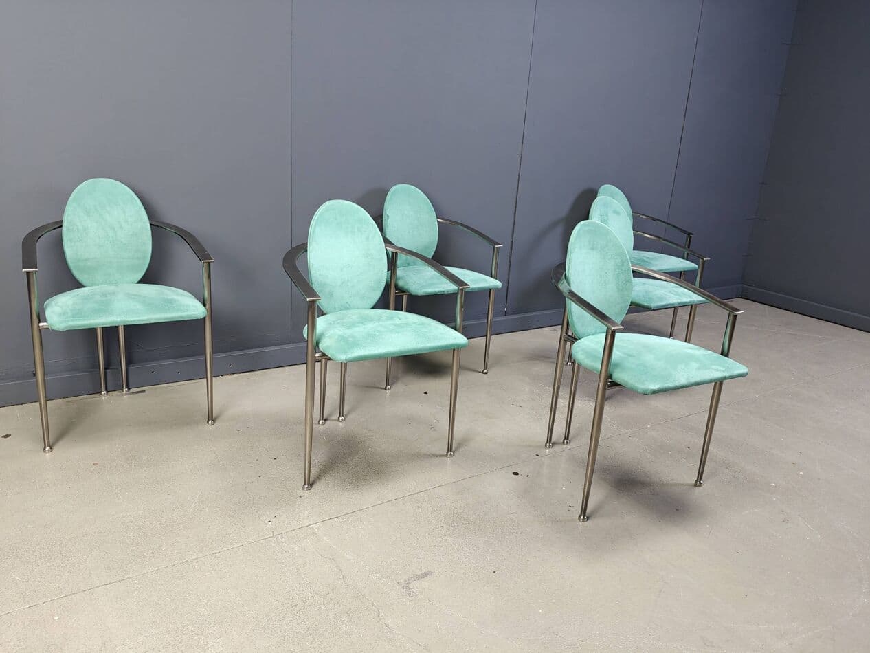 Set of Six Dining Chairs, green alcantara, brushed steel, Belgochrom, Belgium, 1980s. - 264918