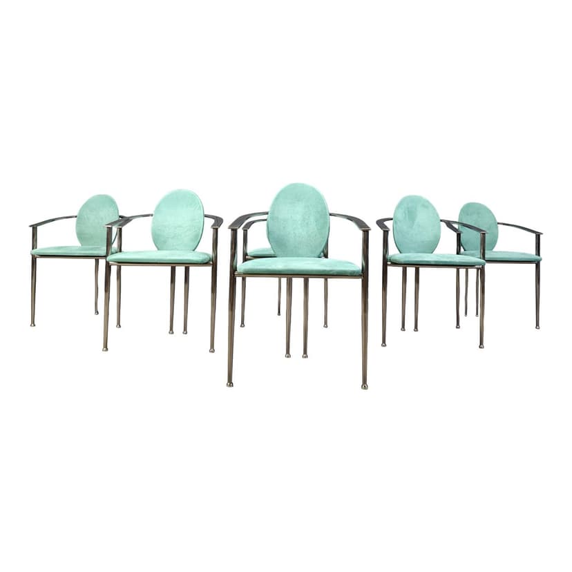 Set of Six Dining Chairs, green alcantara, brushed steel, Belgochrom, Belgium, 1980s.