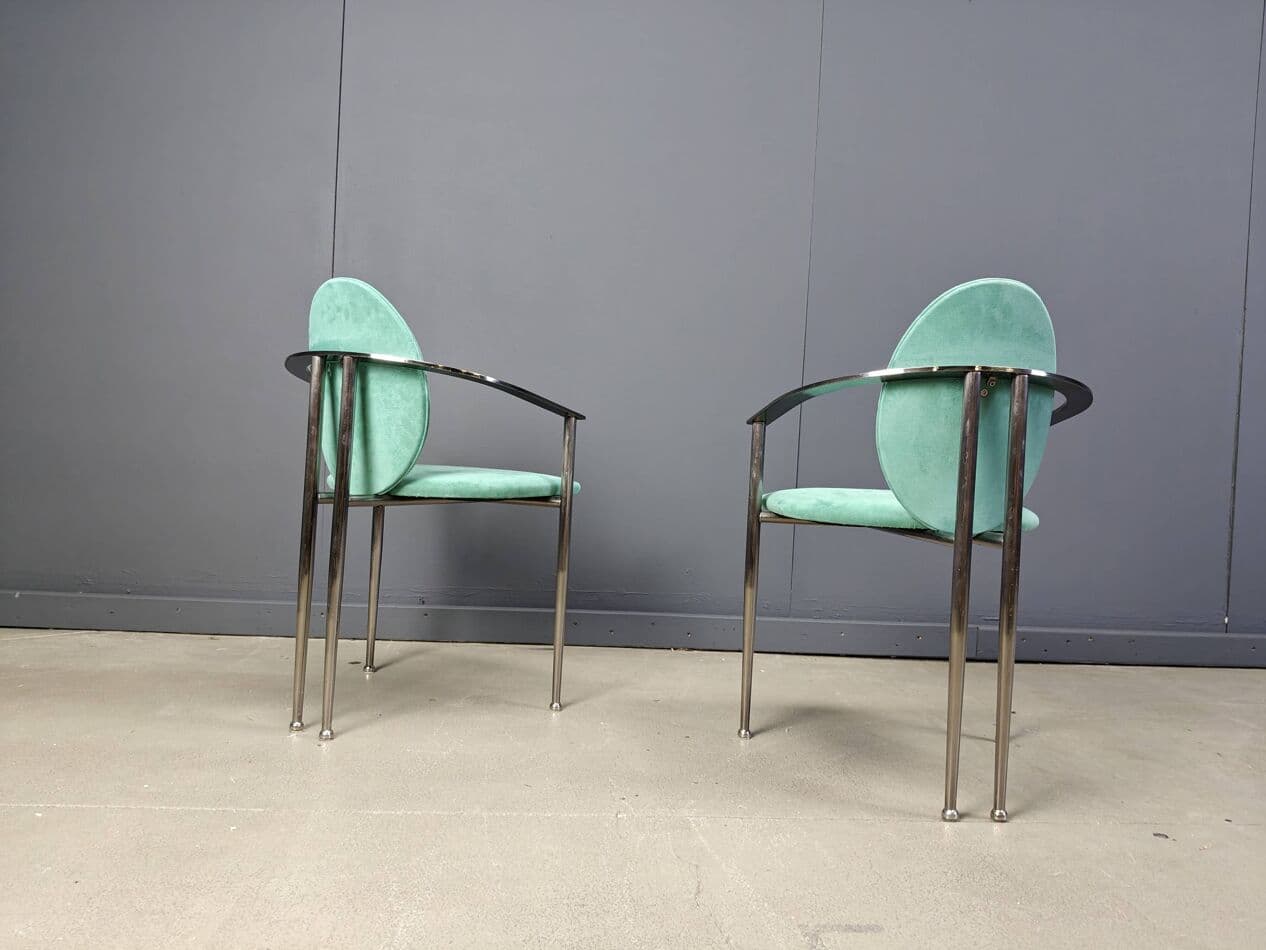 Set of Six Dining Chairs, green alcantara, brushed steel, Belgochrom, Belgium, 1980s. - 264914