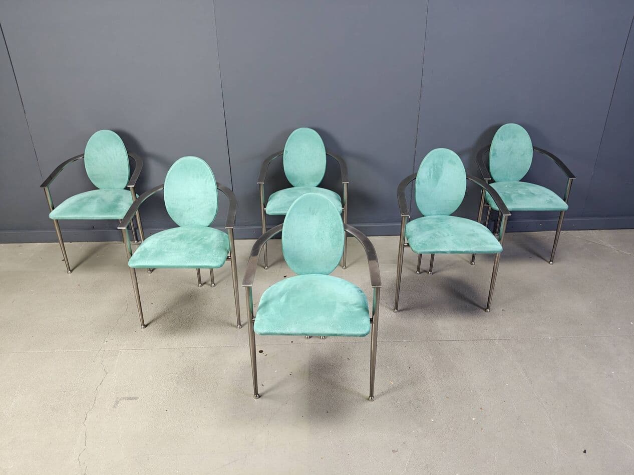 Set of Six Dining Chairs, green alcantara, brushed steel, Belgochrom, Belgium, 1980s. - 264913