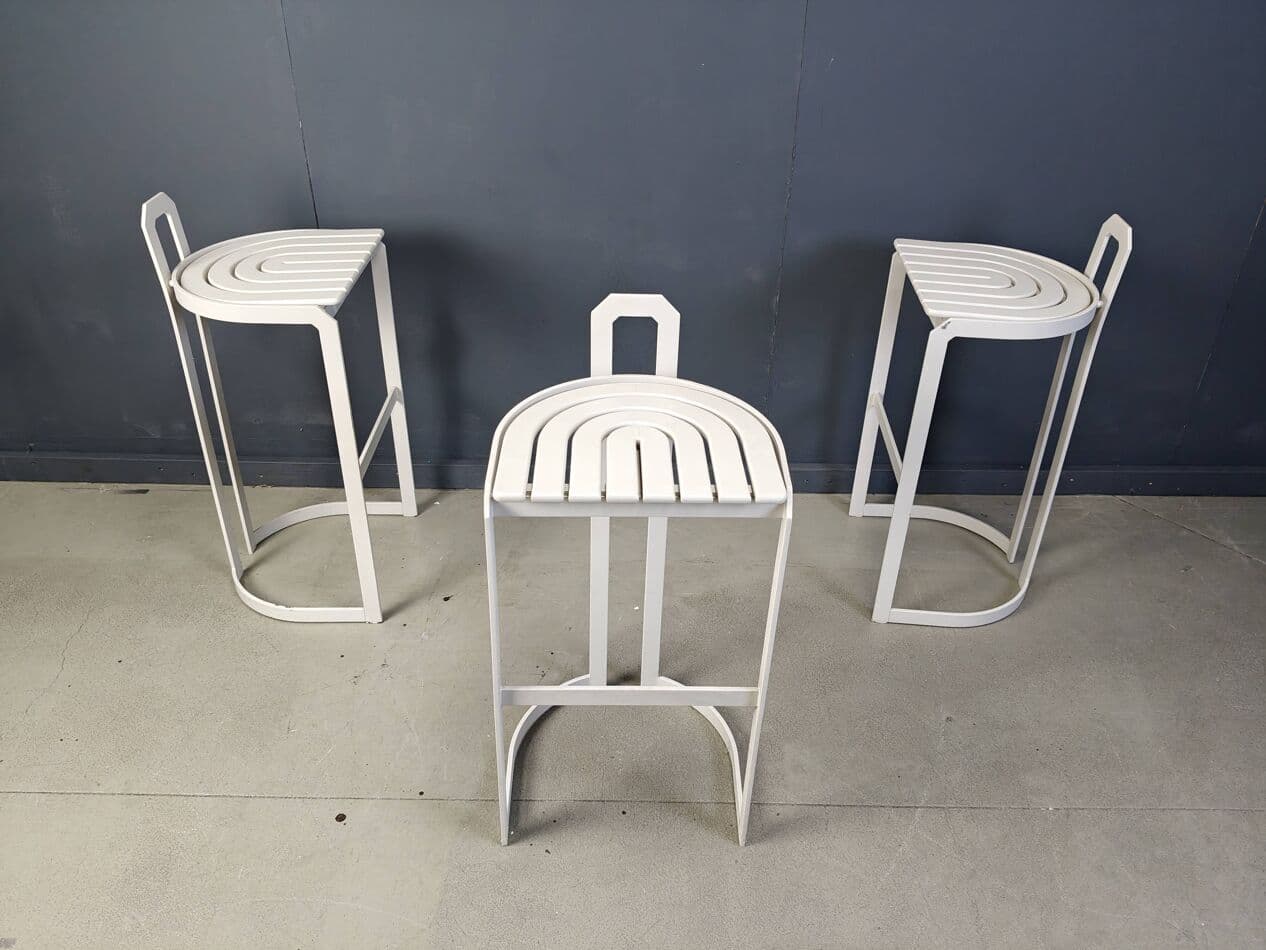 Zestaw trzech hokerów, biały, metal sklejka, Niemcy, lata 80. - 264865