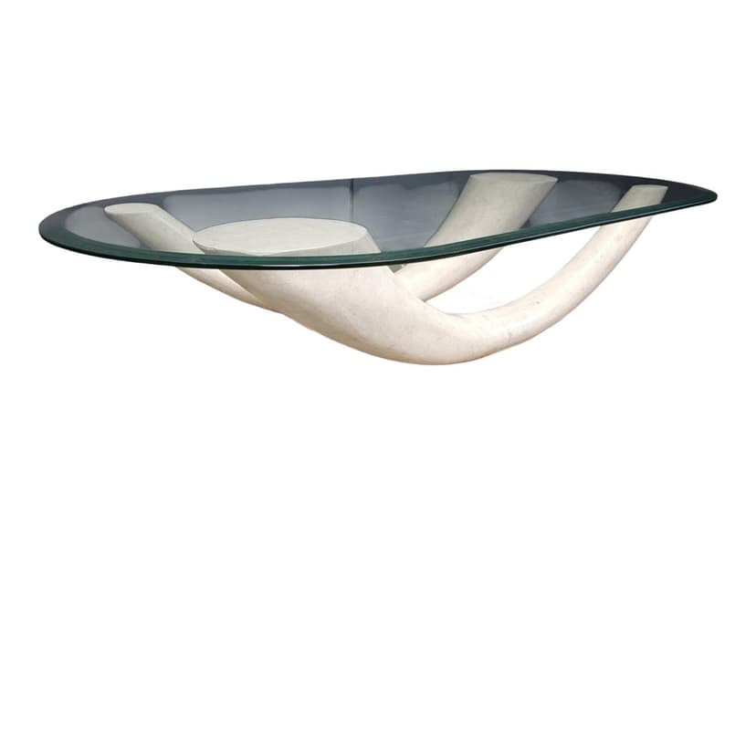 Coffee table, beige stone, glass, plaster, Italy, 1980s.