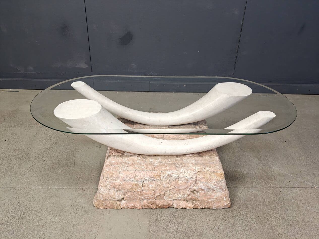 Coffee table, beige stone, glass, plaster, Italy, 1980s. - 264789