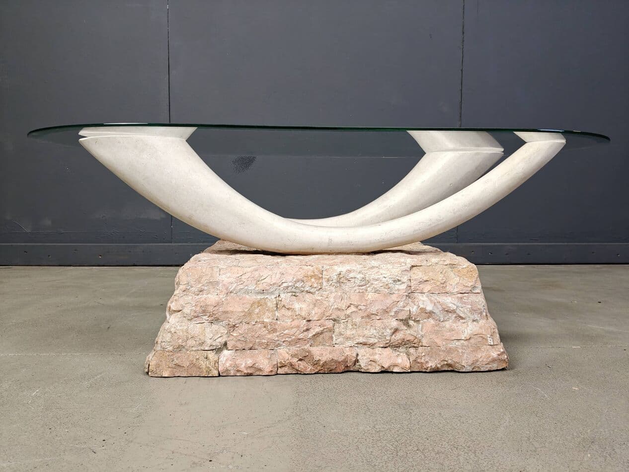 Coffee table, beige stone, glass, plaster, Italy, 1980s. - 264788