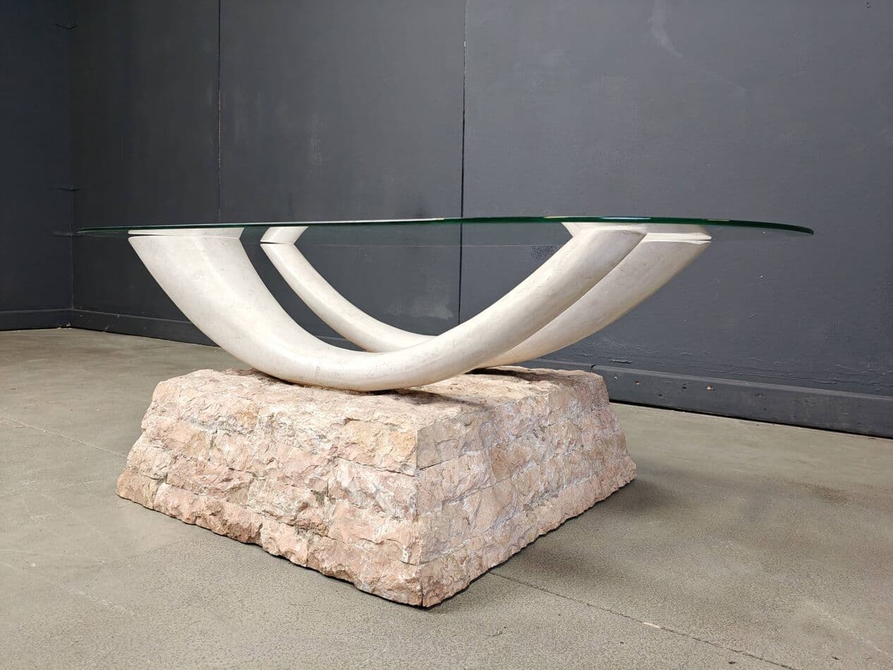 Coffee table, beige stone, glass, plaster, Italy, 1980s. - 264786