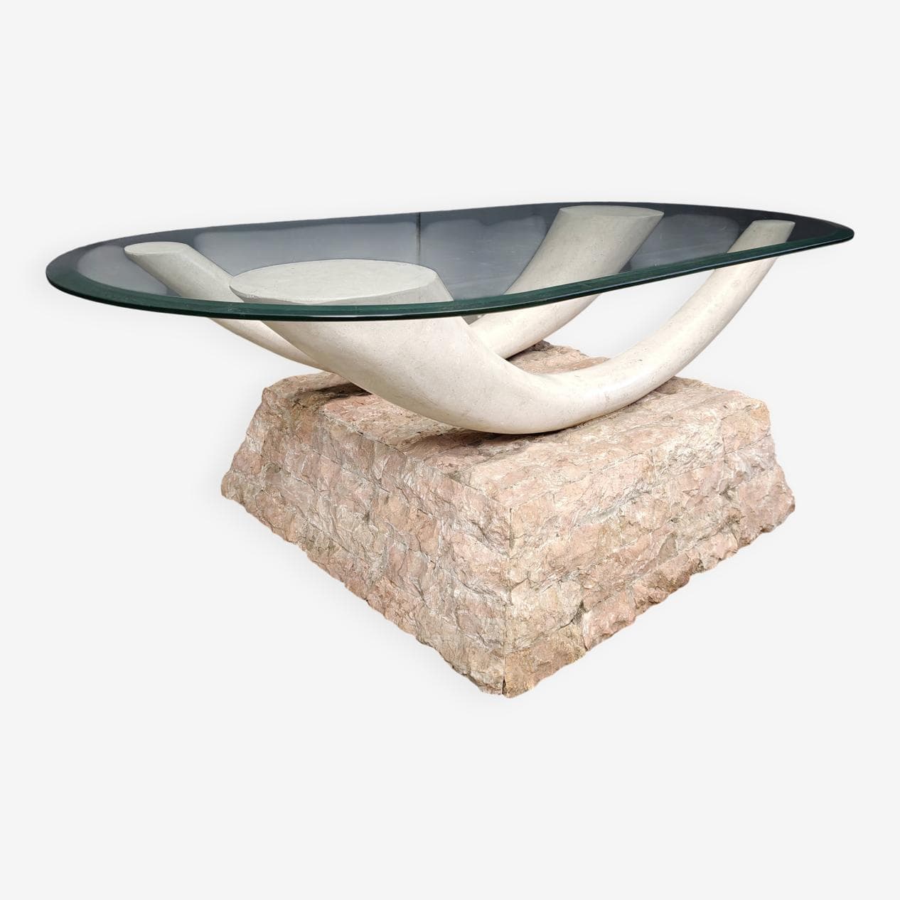 Coffee table, beige stone, glass, plaster, Italy, 1980s. - 264791