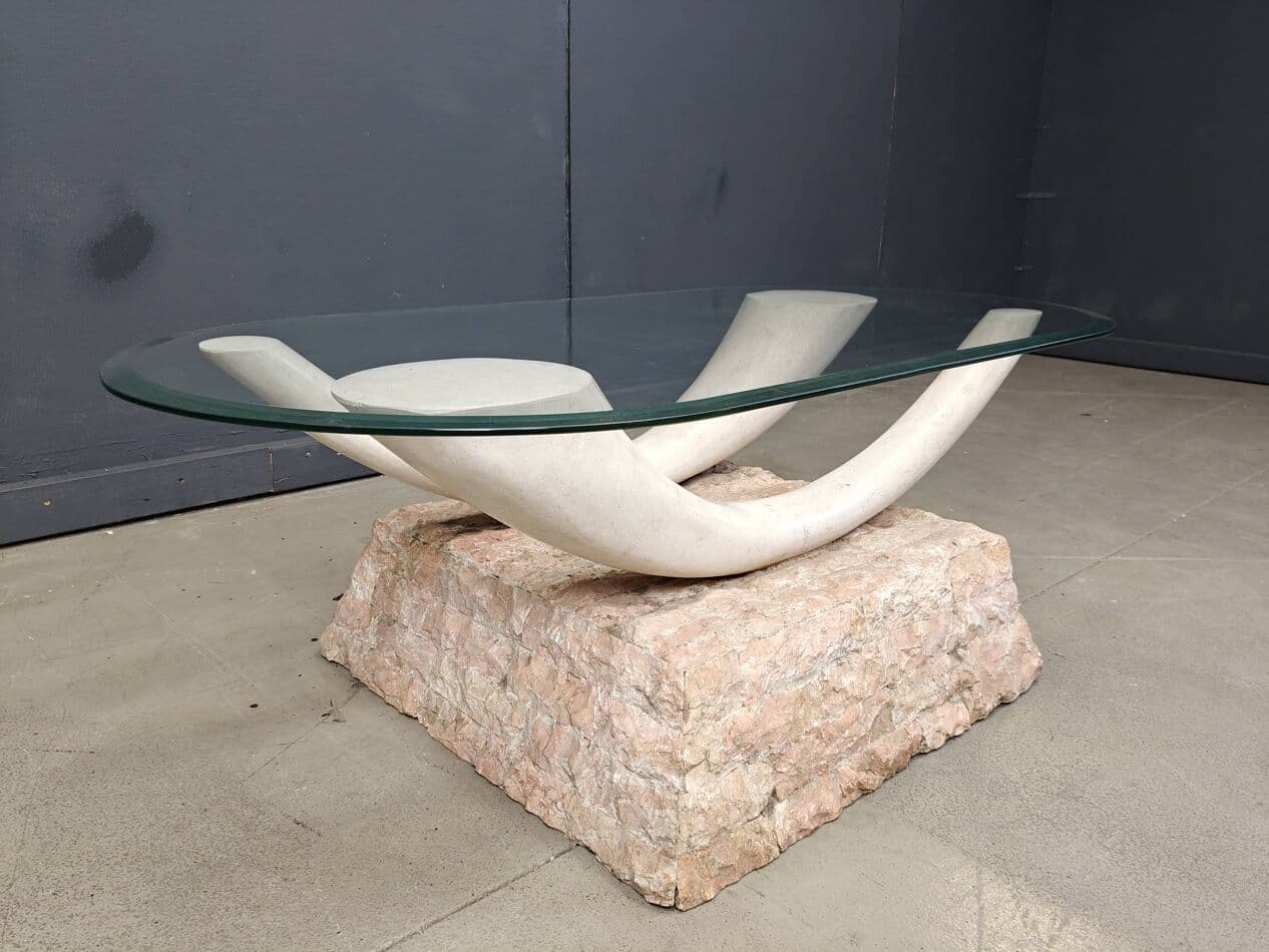 Coffee table, beige stone, glass, plaster, Italy, 1980s. - 264790