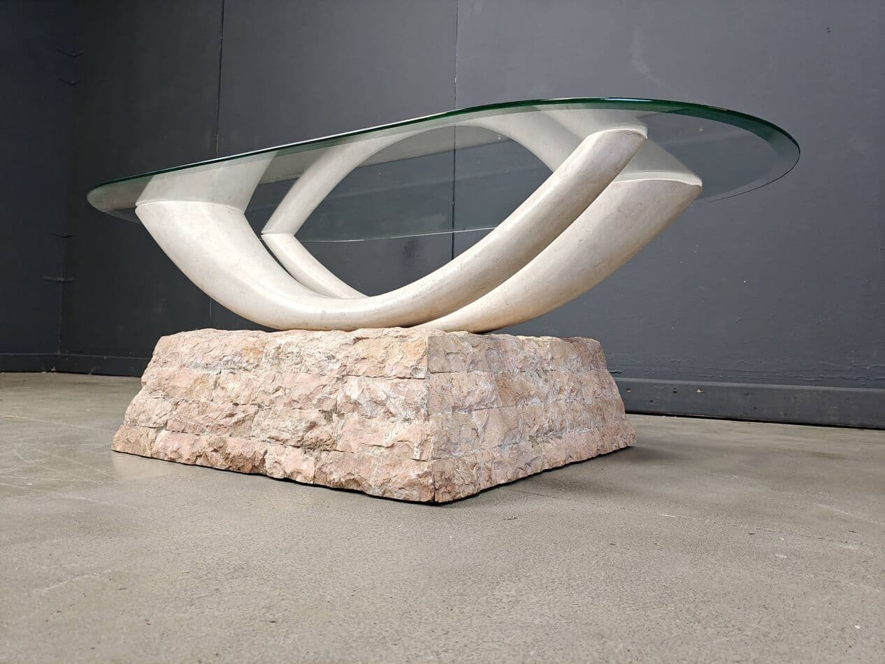 Coffee table, beige stone, glass, plaster, Italy, 1980s. - 264785