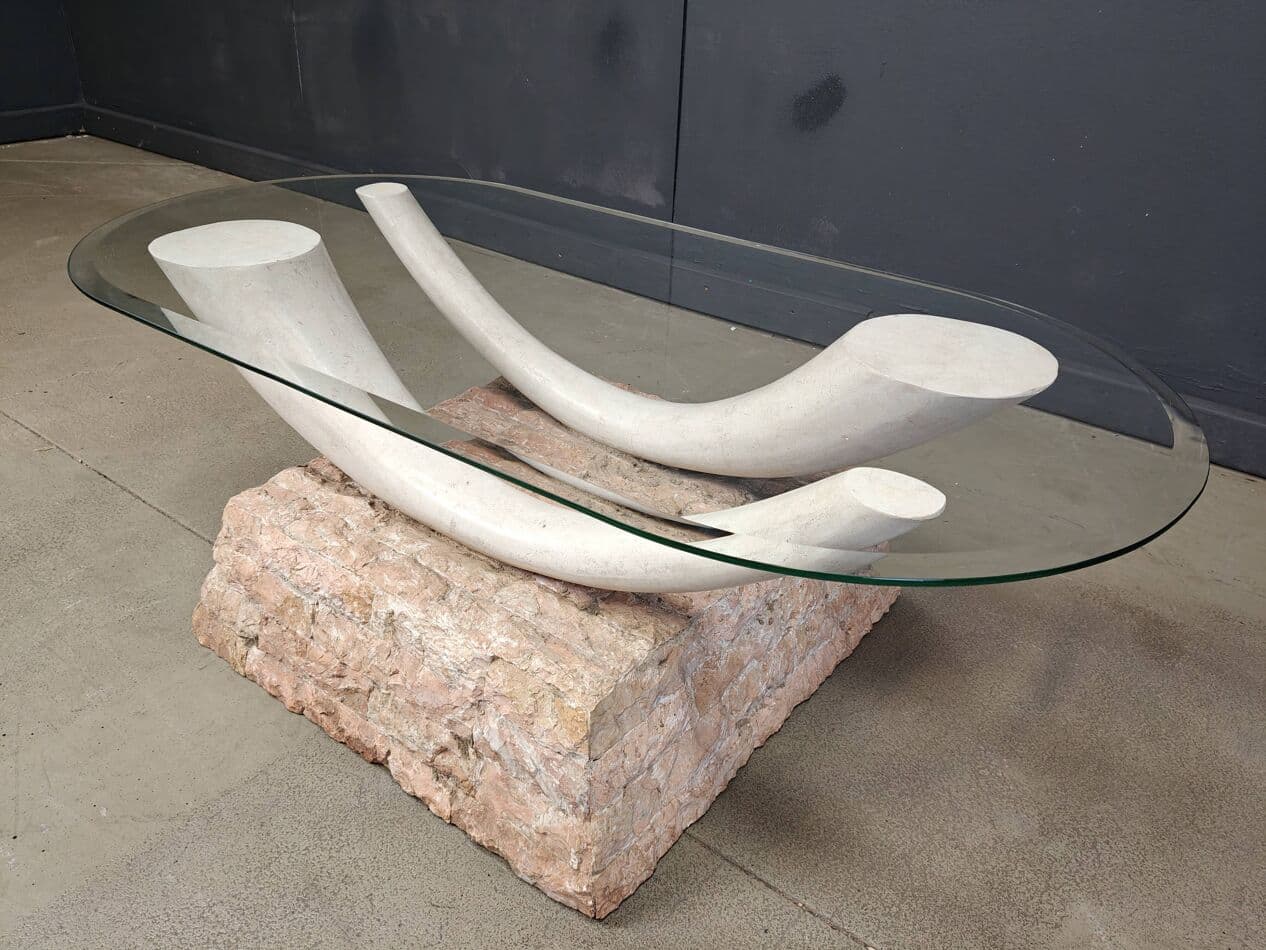 Coffee table, beige stone, glass, plaster, Italy, 1980s. - 264787