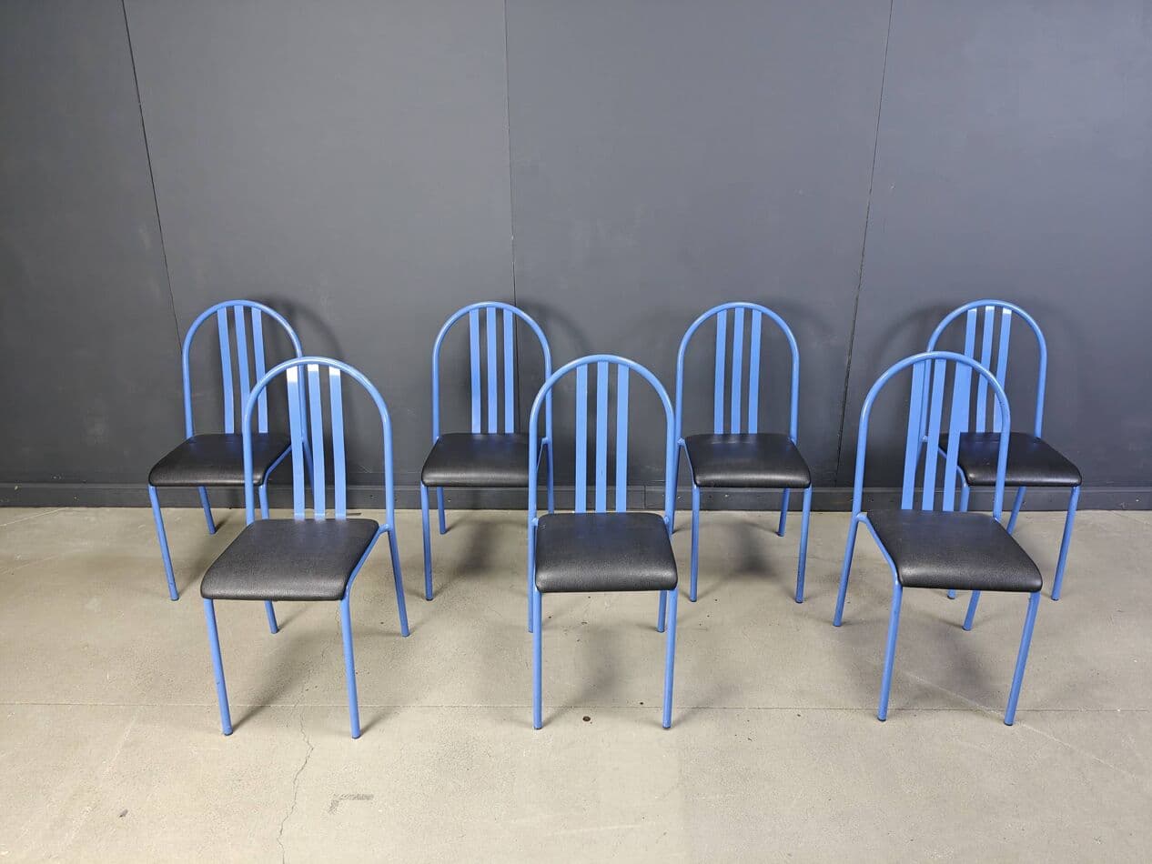 Set of seven chairs No. 222, blue metal, black faux leather, by R. Mallet-Stevens, Ecart International, France, 1980s. - 264761