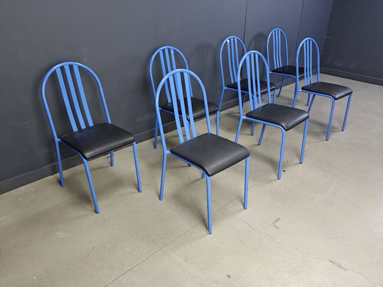 Set of seven chairs No. 222, blue metal, black faux leather, by R. Mallet-Stevens, Ecart International, France, 1980s. - 264768