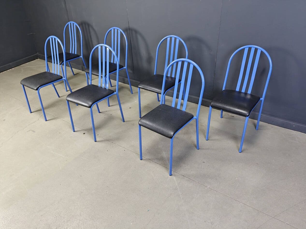 Set of seven chairs No. 222, blue metal, black faux leather, by R. Mallet-Stevens, Ecart International, France, 1980s. - 264769