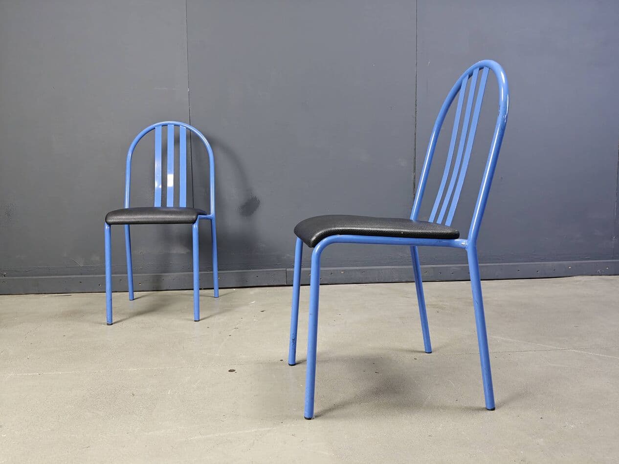 Set of seven chairs No. 222, blue metal, black faux leather, by R. Mallet-Stevens, Ecart International, France, 1980s. - 264765