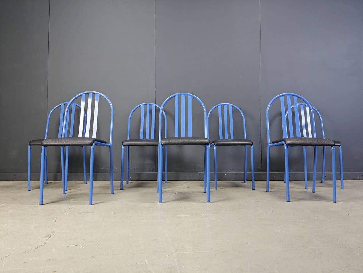 Set of seven chairs No. 222, blue metal, black faux leather, by R. Mallet-Stevens, Ecart International, France, 1980s. - 264770