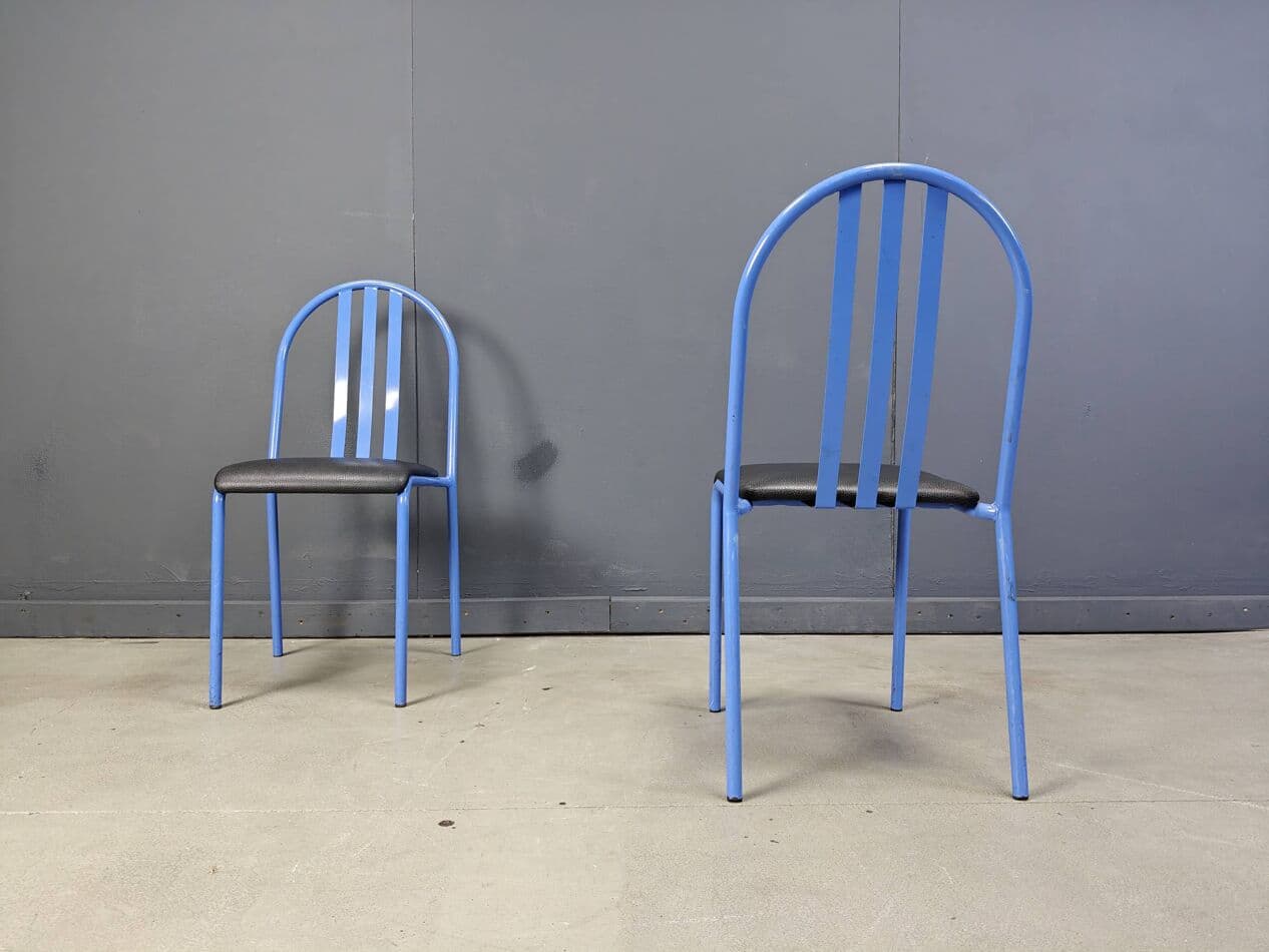 Set of seven chairs No. 222, blue metal, black faux leather, by R. Mallet-Stevens, Ecart International, France, 1980s. - 264764