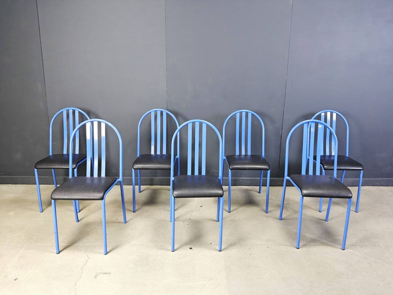 Set of seven chairs No. 222, blue metal, black faux leather, by R. Mallet-Stevens, Ecart International, France, 1980s. - 264760