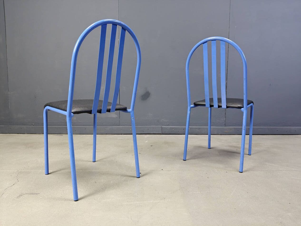 Set of seven chairs No. 222, blue metal, black faux leather, by R. Mallet-Stevens, Ecart International, France, 1980s. - 264763