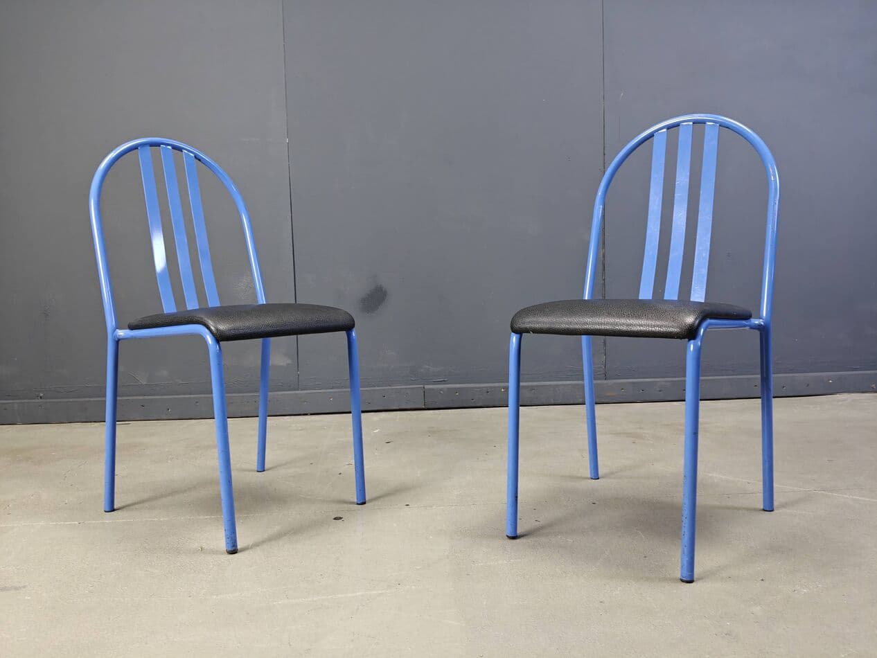 Set of seven chairs No. 222, blue metal, black faux leather, by R. Mallet-Stevens, Ecart International, France, 1980s. - 264759