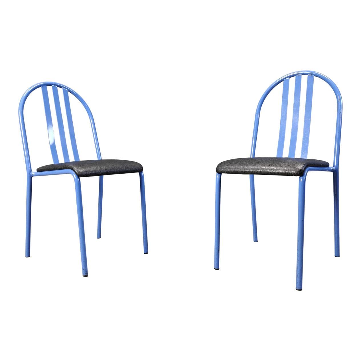 Set of seven chairs No. 222, blue metal, black faux leather, by R. Mallet-Stevens, Ecart International, France, 1980s.