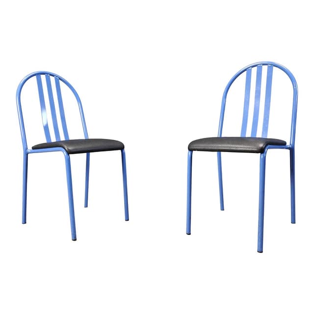 Set of seven chairs No. 222, blue metal, black faux leather, by R. Mallet-Stevens, Ecart International, France, 1980s. - DIMENSION