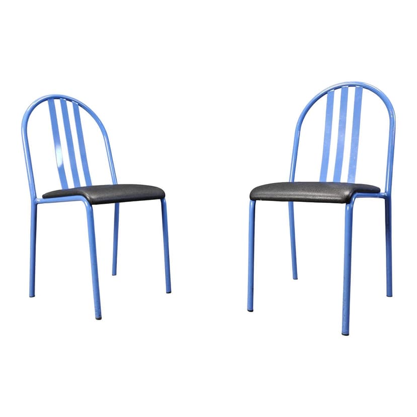 Set of seven chairs No. 222, blue metal, black faux leather, by R. Mallet-Stevens, Ecart International, France, 1980s.