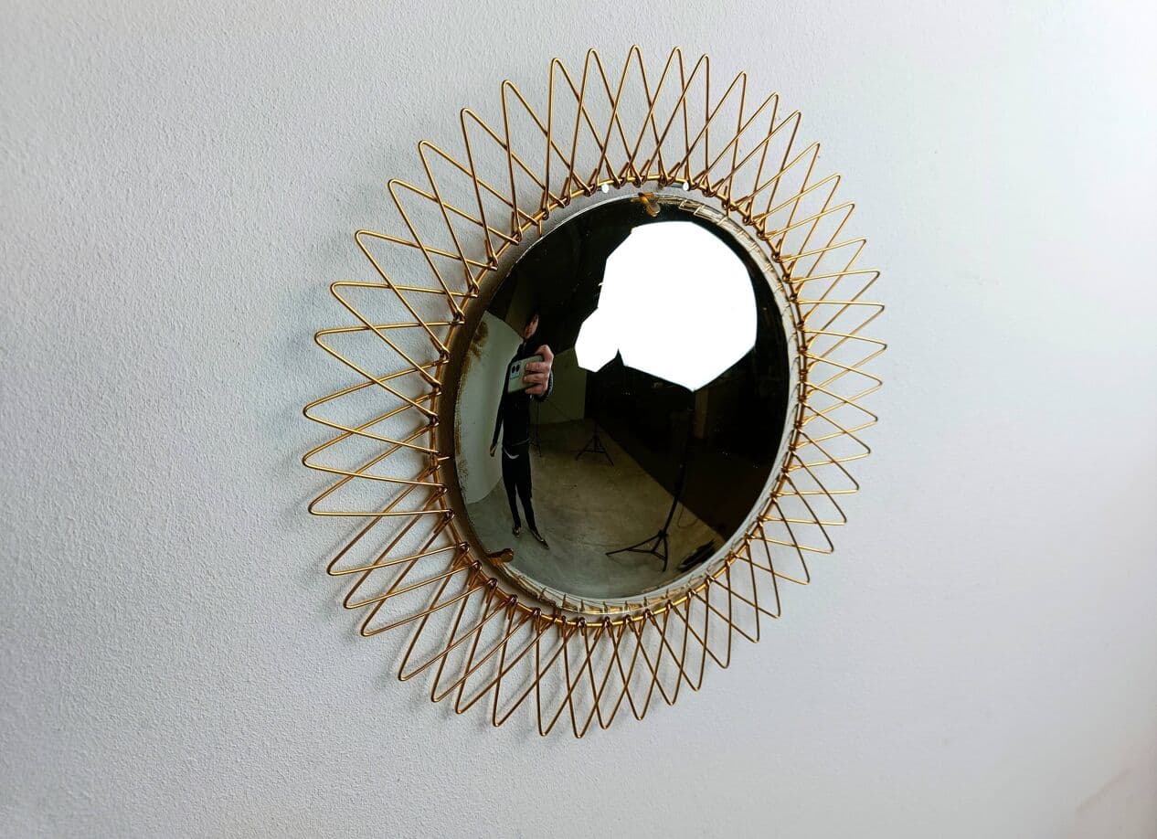 Sunburst mirror, gold brass, glass, Belgium, 1960s. - 264757