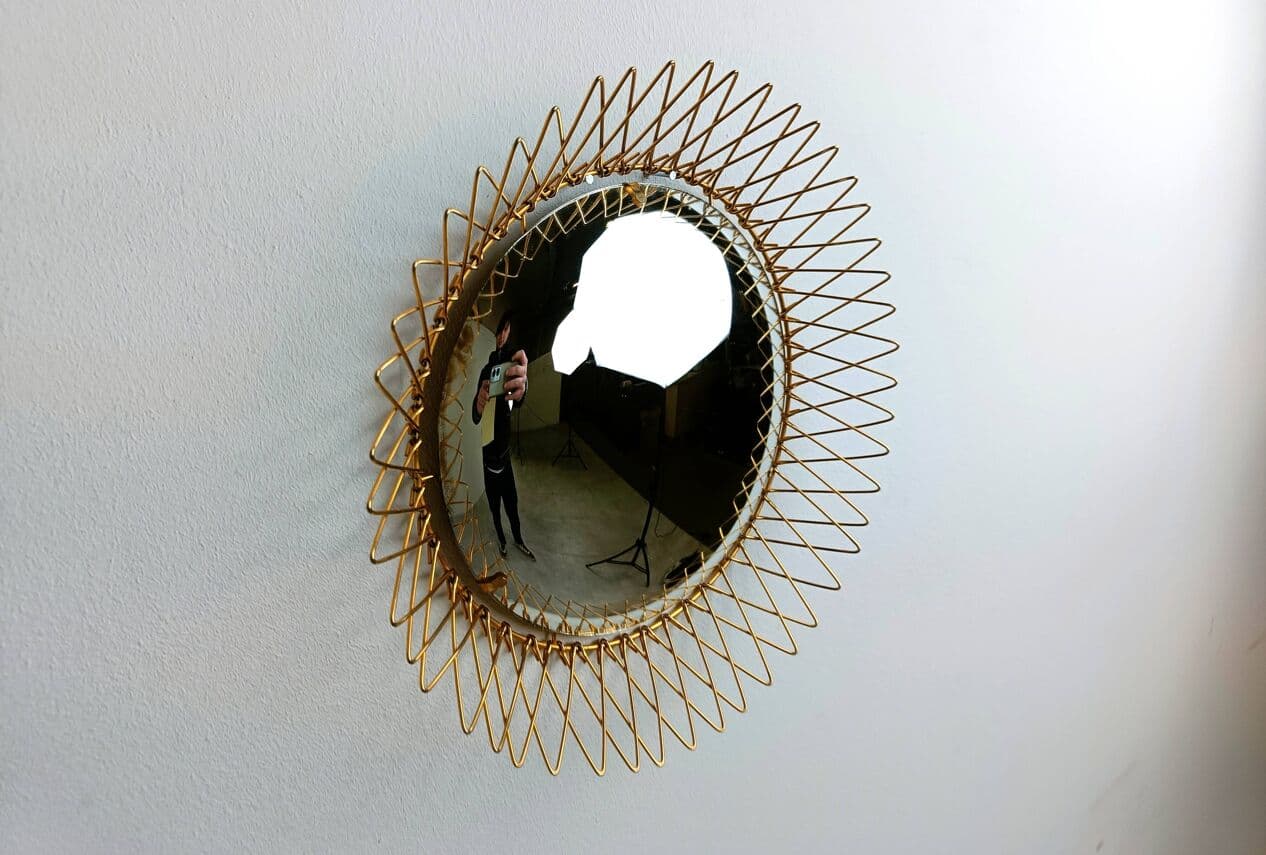 Sunburst mirror, gold brass, glass, Belgium, 1960s. - 264752