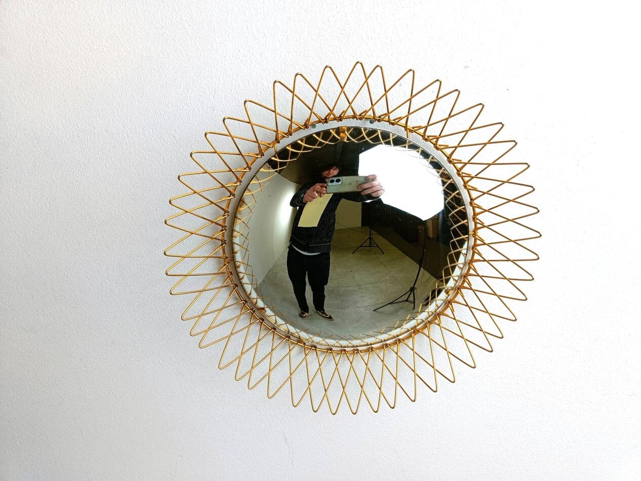Sunburst mirror, gold brass, glass, Belgium, 1960s. - 264751