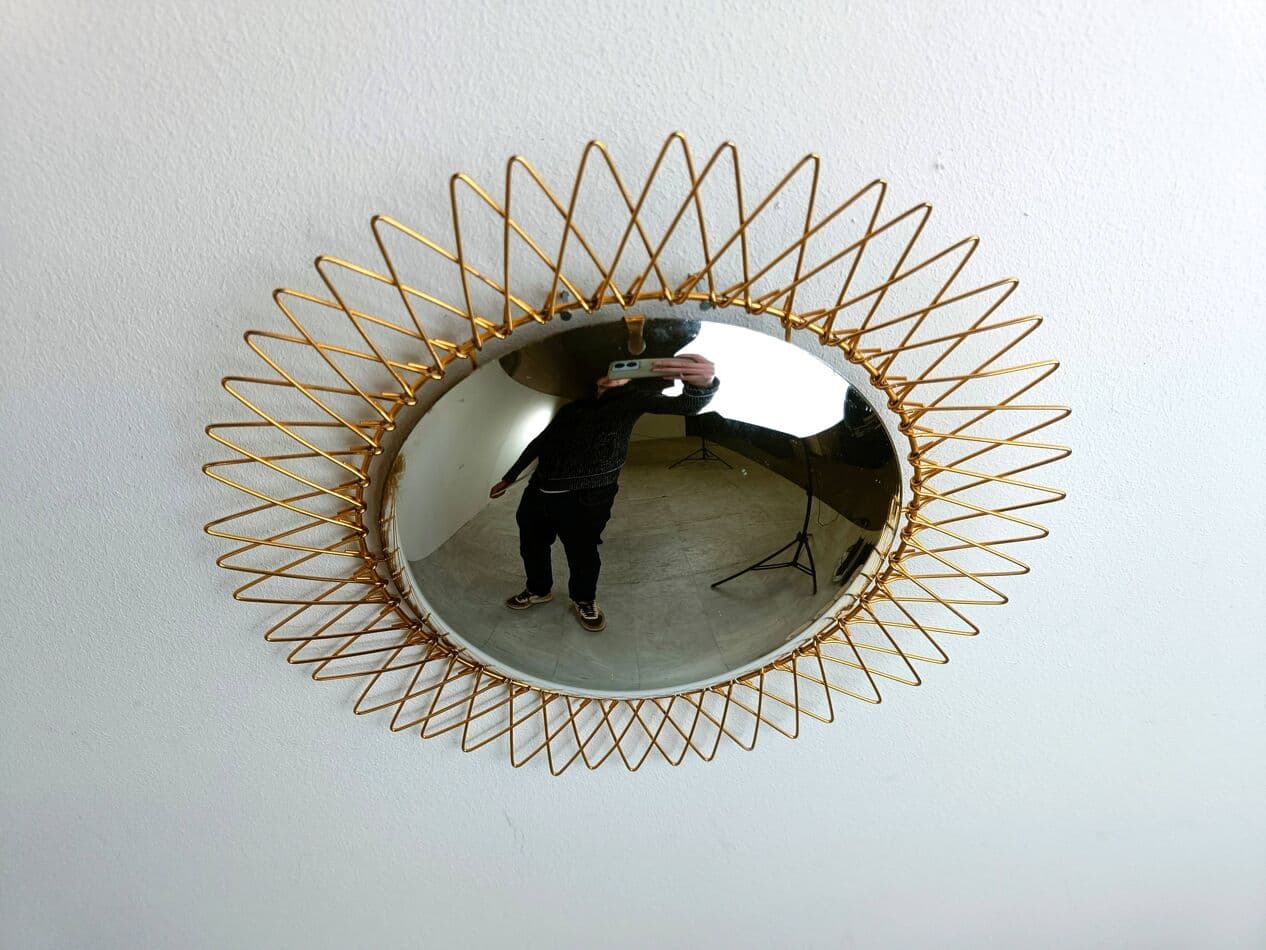 Sunburst mirror, gold brass, glass, Belgium, 1960s. - 264756