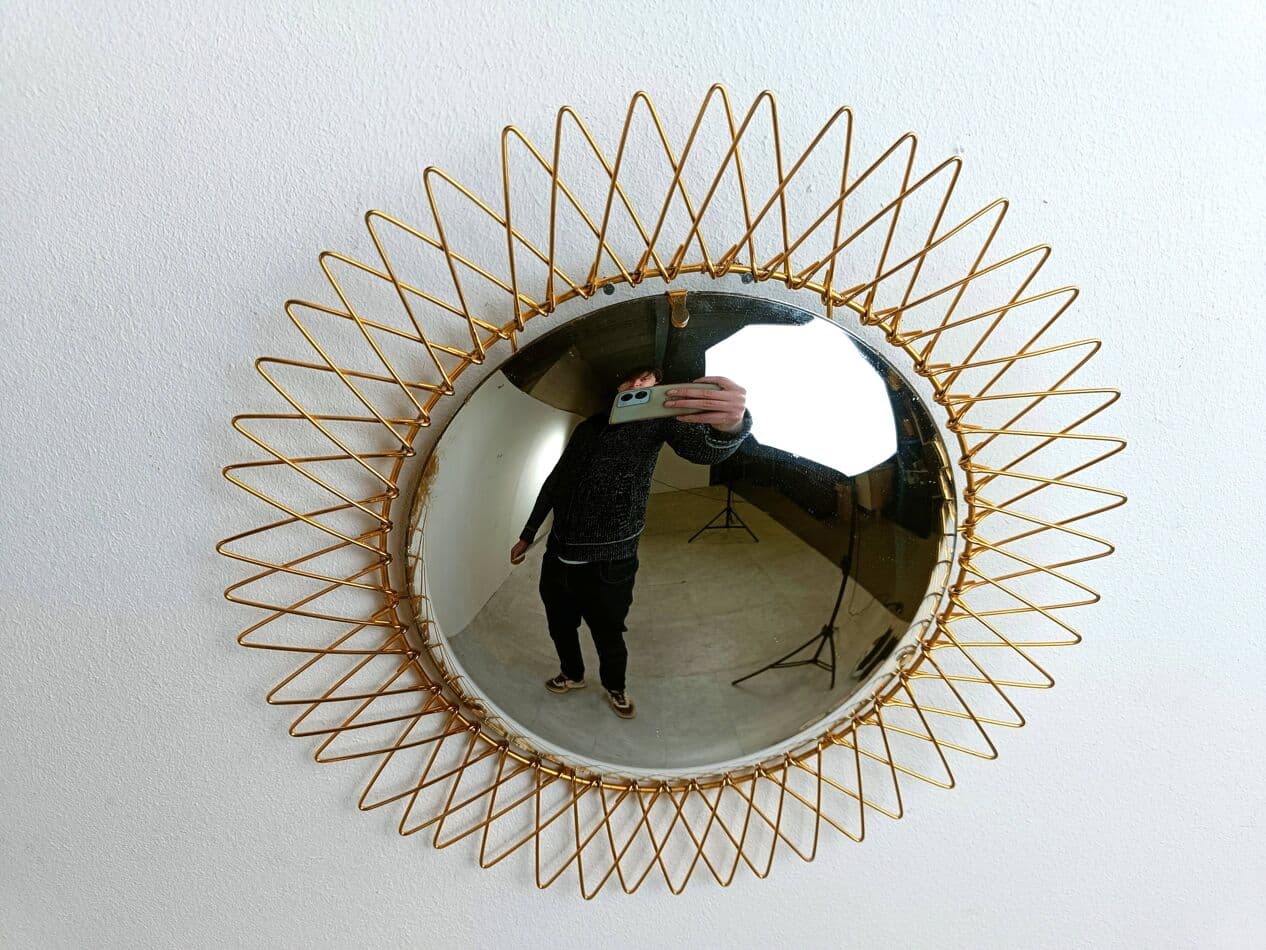 Sunburst mirror, gold brass, glass, Belgium, 1960s. - 264755