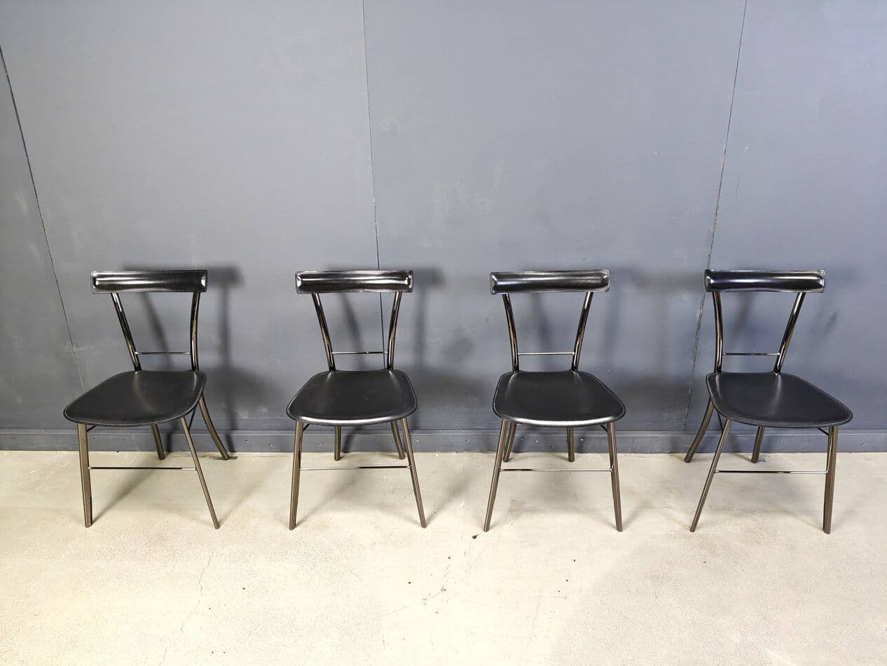 Set of four dining chairs, black leather, chrome, Arrben, Italy, 1980s. - 264743