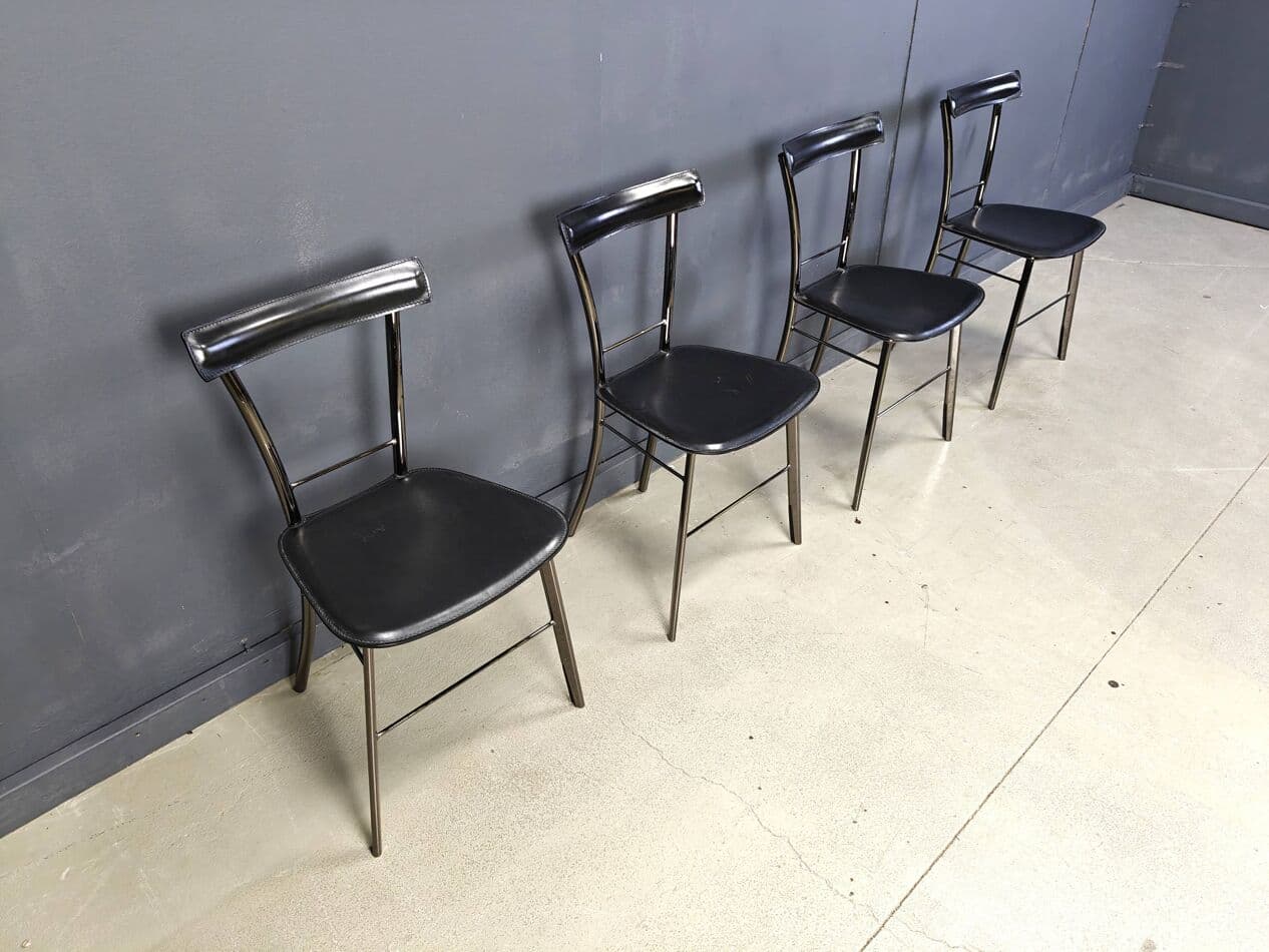 Set of four dining chairs, black leather, chrome, Arrben, Italy, 1980s. - 264740