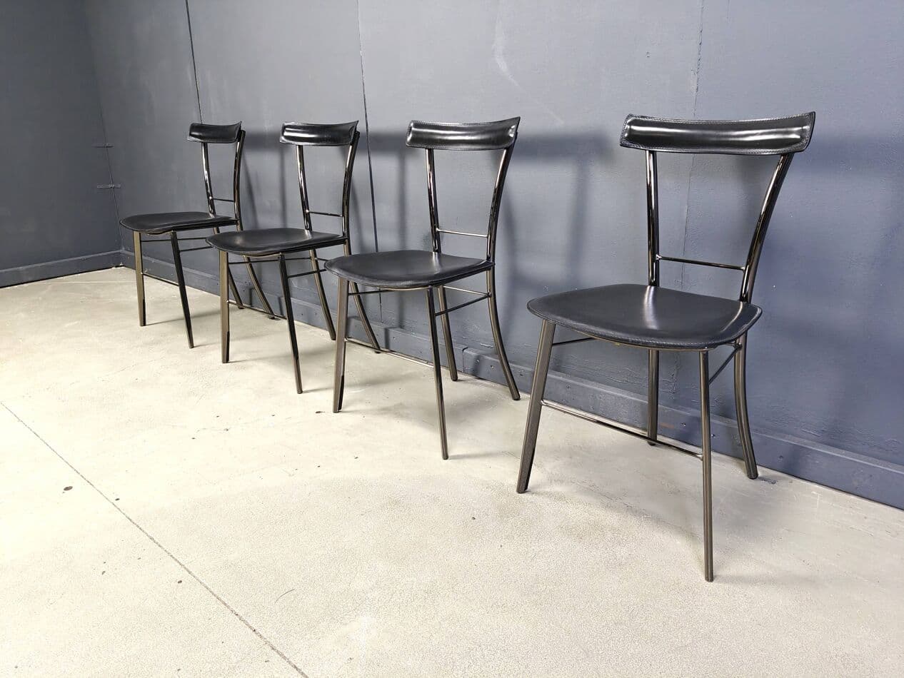 Set of four dining chairs, black leather, chrome, Arrben, Italy, 1980s. - 264741