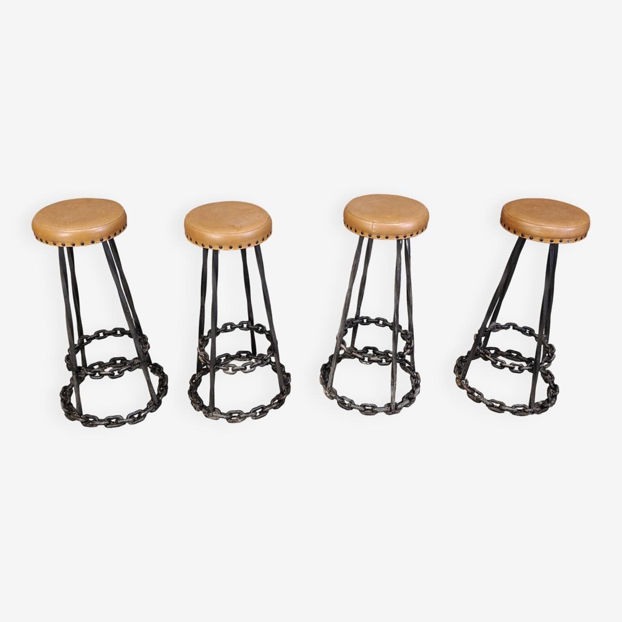 Zestaw czterech hokerów barowych Brutalist, skóra brązowa, żelazo, Niemcy, lata 70. - 264725