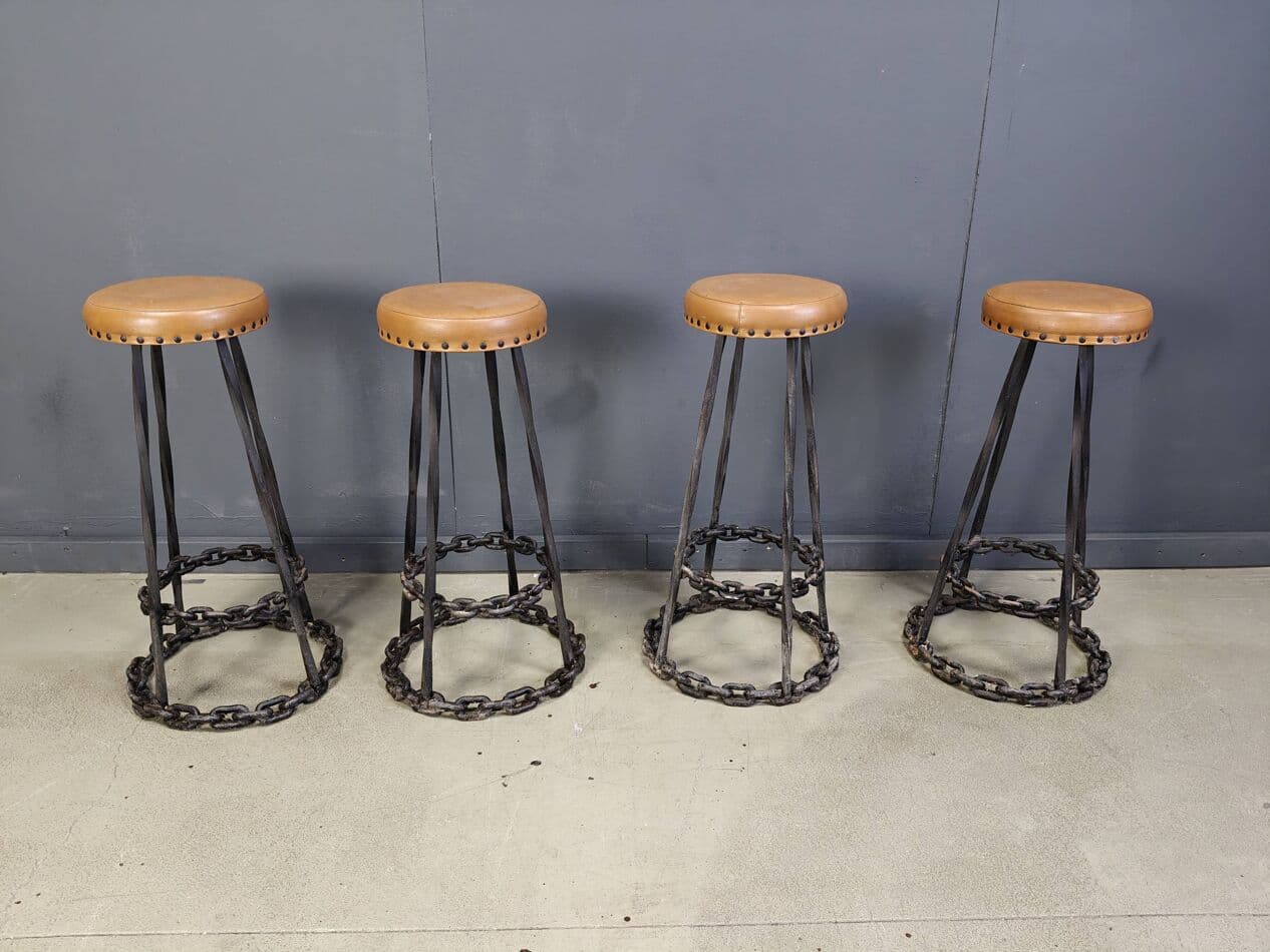 Zestaw czterech hokerów barowych Brutalist, skóra brązowa, żelazo, Niemcy, lata 70. - 264733