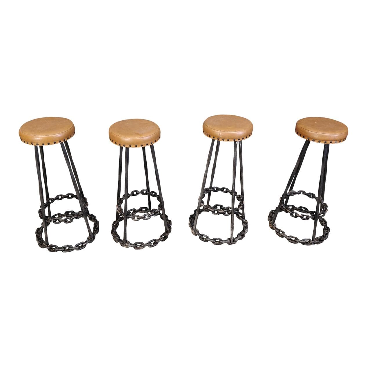 Zestaw czterech hokerów barowych Brutalist, skóra brązowa, żelazo, Niemcy, lata 70.