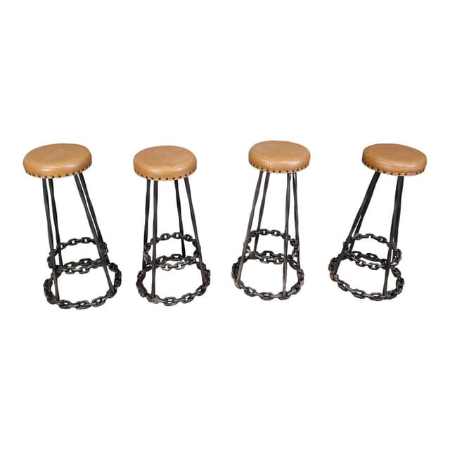 Zestaw czterech hokerów barowych Brutalist, skóra brązowa, żelazo, Niemcy, lata 70. - WYMIARY